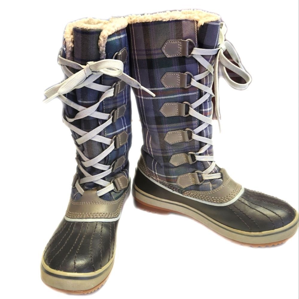 Sorel Tivoli Waterproof blue & brown plaid duck boots, size Wm's 6